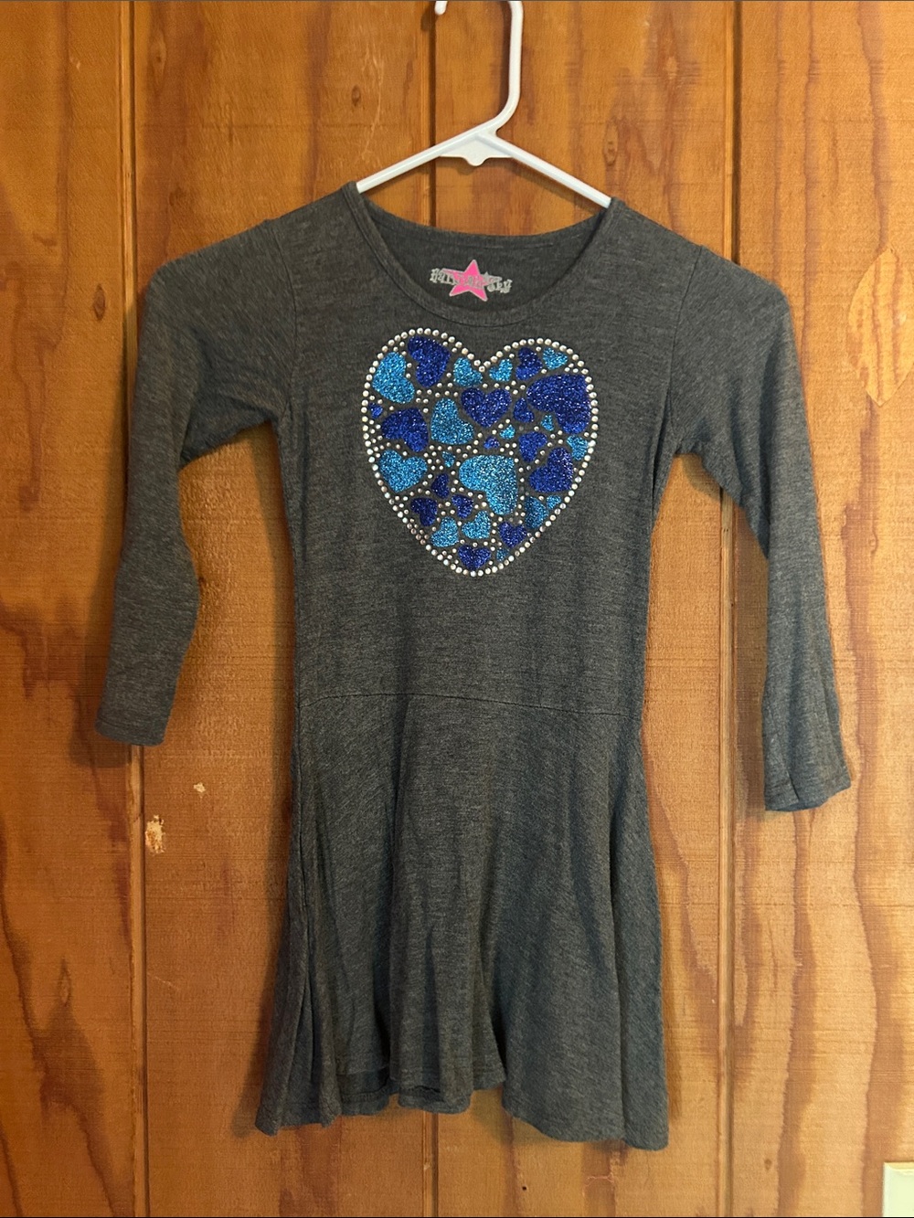 Kids Long Sleeve Gray Dress with Blue Heart Sequin Detail